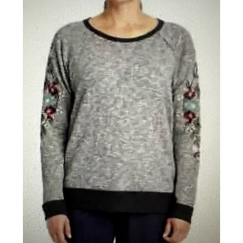 Knox Rose Embroidered Sweatshirt Floral Gray Womens Large Boho Cotton Comfort‎